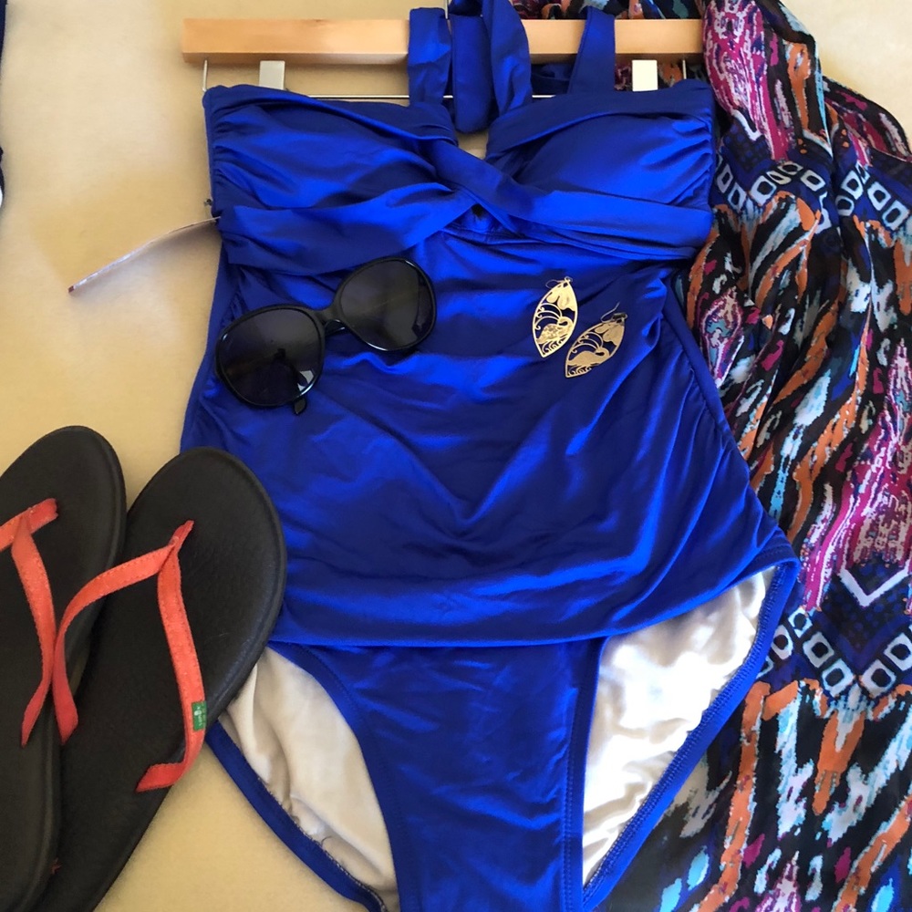 Blue one-piece bathing suit